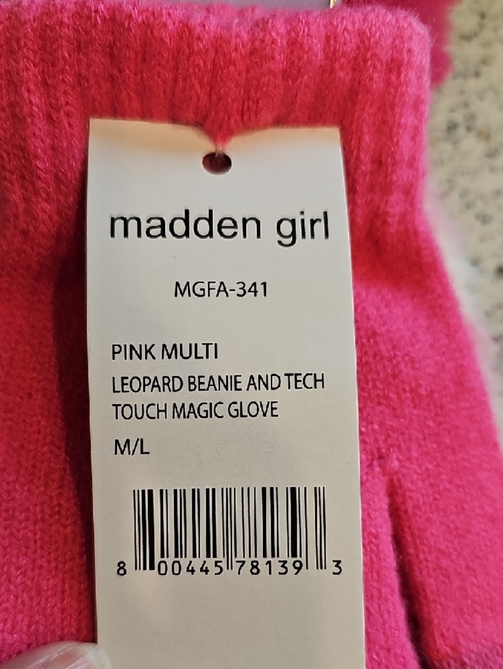 Madden Girl Bright Pink Knit Kids Mittens with Faux Fur Pom - Picture 2 of 4